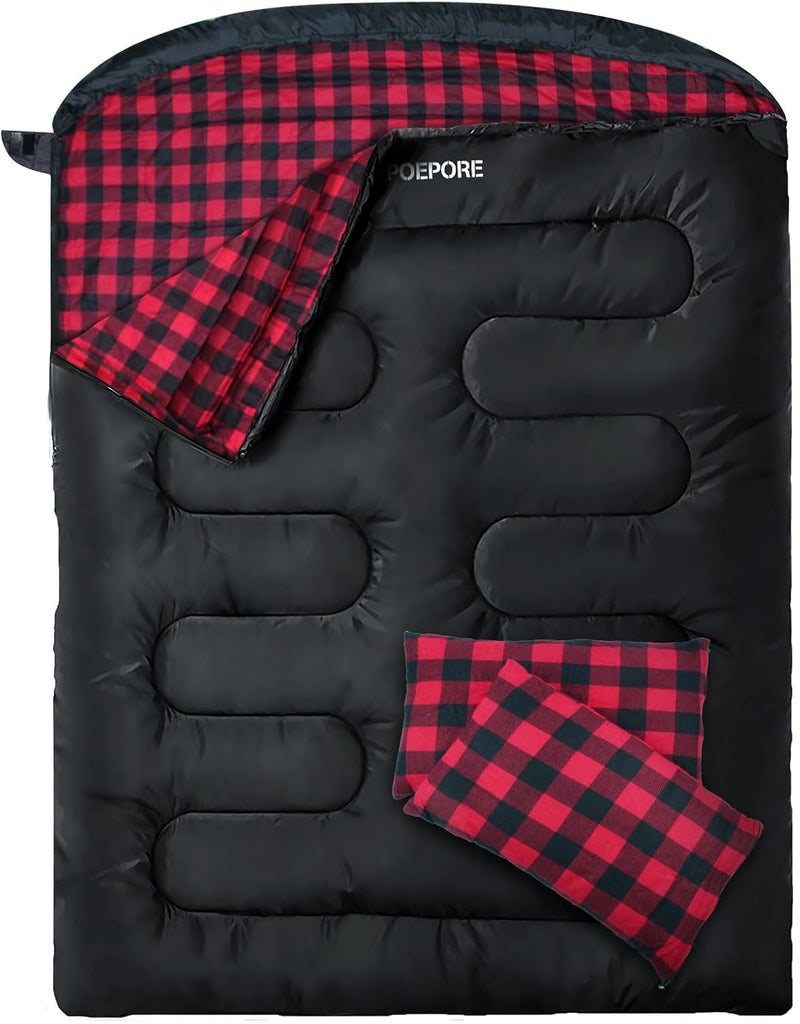 POEPORE Double Sleeping Bag Flannel for Adults with 2 Pillows 2 Person Sleeping Bags Camping XXL Queen Size Two Person Sleeping Bag for Cold Weather - Image 1